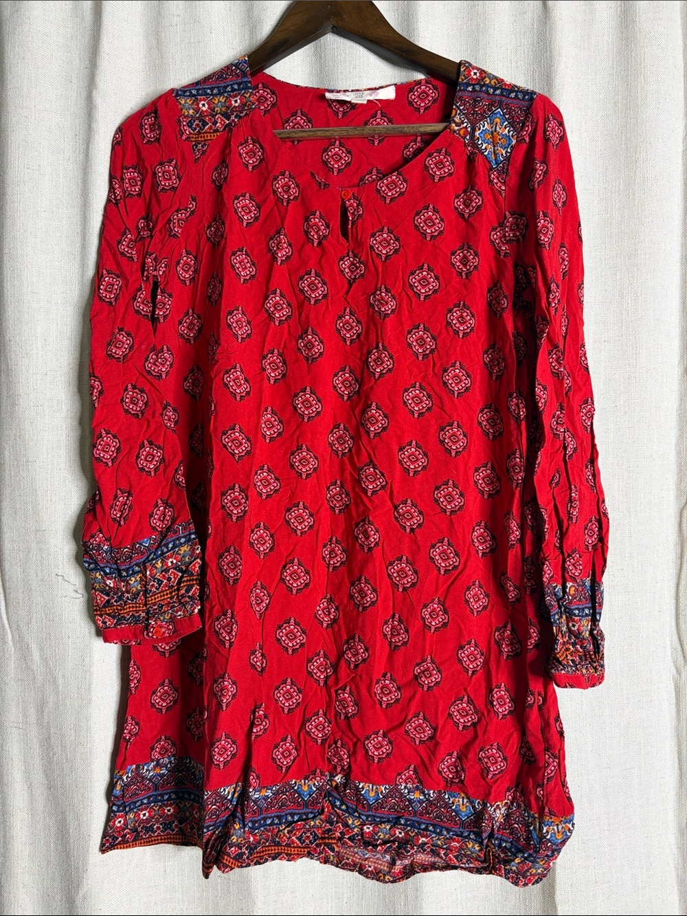 Hippie Rose Red Printed Mini Dress with Multicolor Border